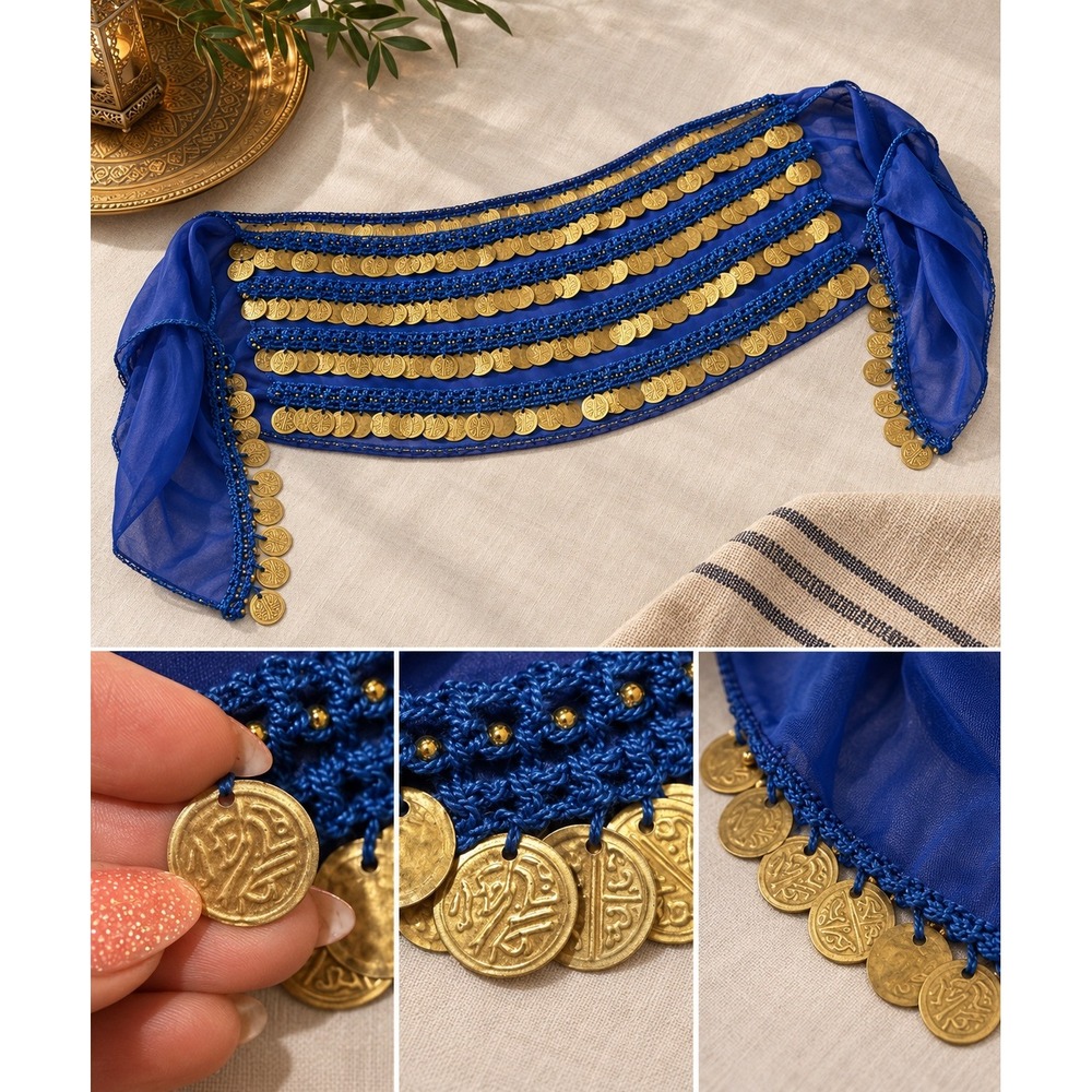 Royal Blue Belly Dance Hip Scarf Gold Coin Chiffon Wrap Crochet Trim Belt
